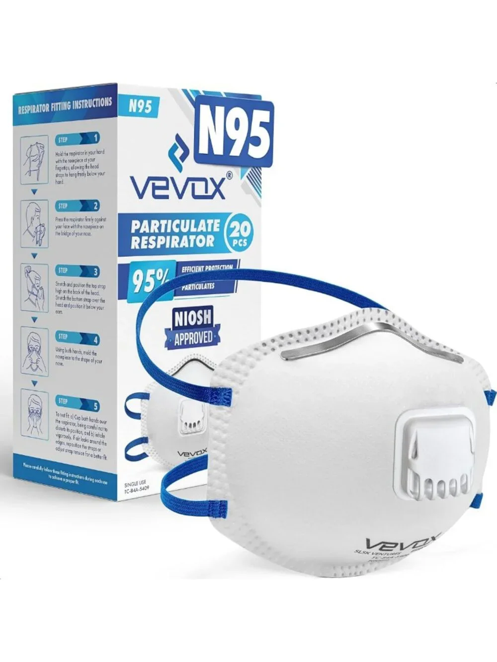 N95 Respirator Mask - NIOSH Approved, Valved, Comfort Seal - 10 or 20 Pack